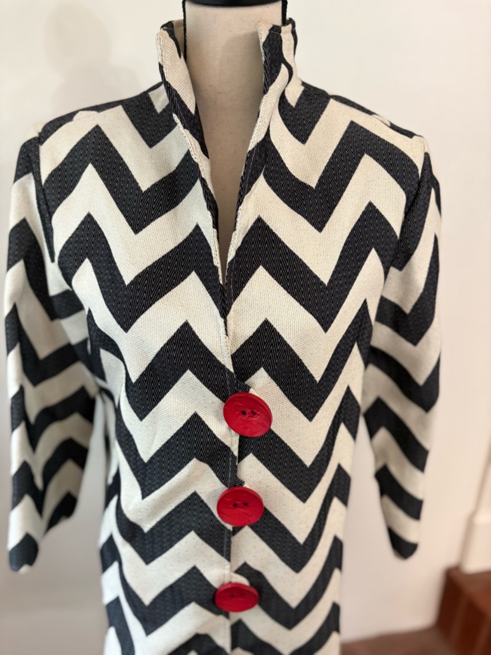 Vintage Painted Pony Chevron Blazer Jacket Black White Red Buttons Size MEDIUM - Picture 2 of 6